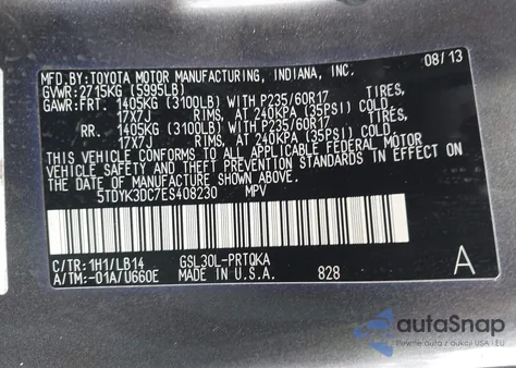 2014 Toyota Sienna Xle V6 7 Passenger Auto Access Seat/Xle V6 8 Passenger z USA, uszkodzony, nr VIN 5TDYK3DC7ES408230